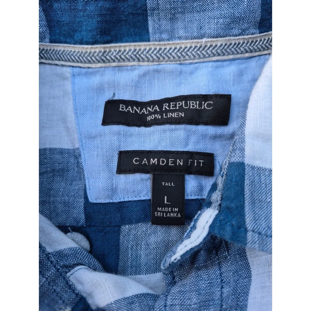 Banana Republic Mens Camden Fit 100% Linen Blue White Buffalo Check Shirt L Tall